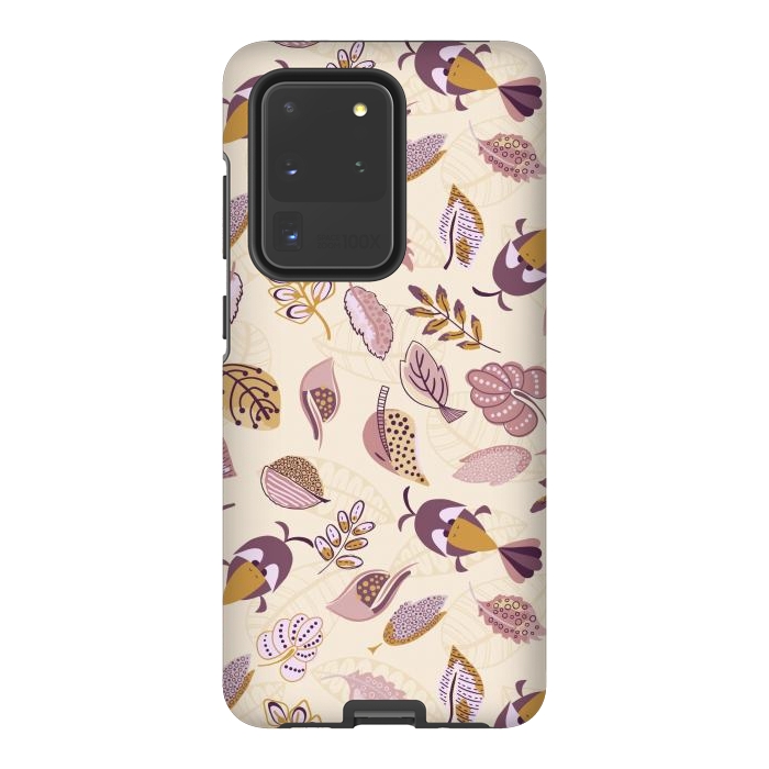 Galaxy S20 Ultra StrongFit Cute parrots in a fun tossed pattern with funky leaves in purple and mustard by Paula Ohreen