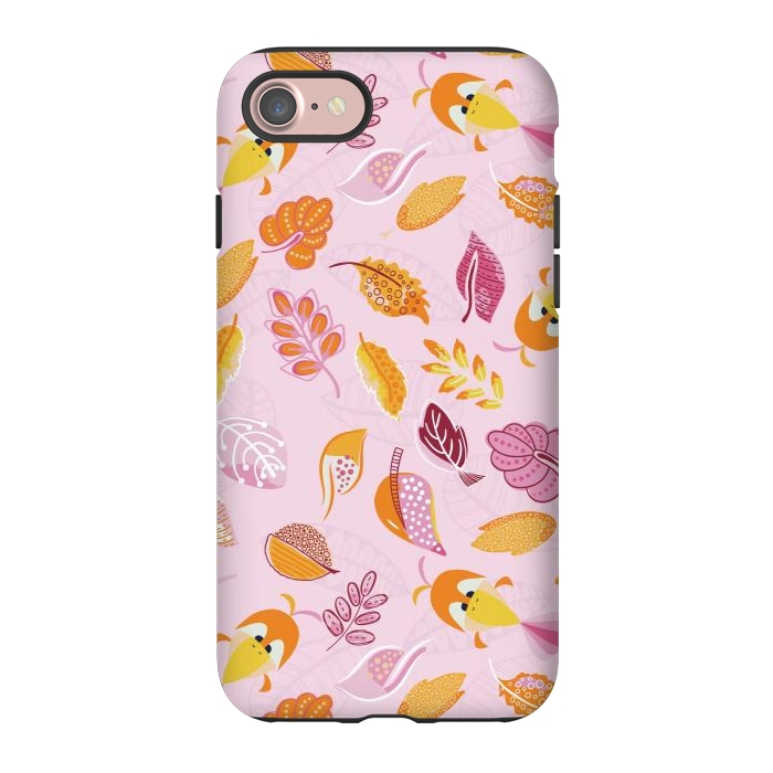 iPhone 7 StrongFit Cute parrots in a fun tossed pattern with funky leaves in pink and orange by Paula Ohreen