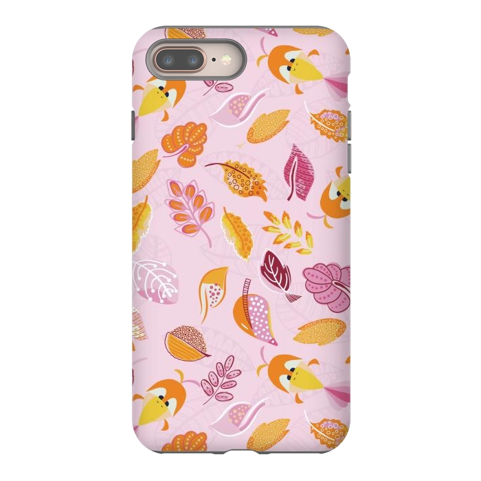 iPhone 7 plus StrongFit Cute parrots in a fun tossed pattern with funky leaves in pink and orange by Paula Ohreen