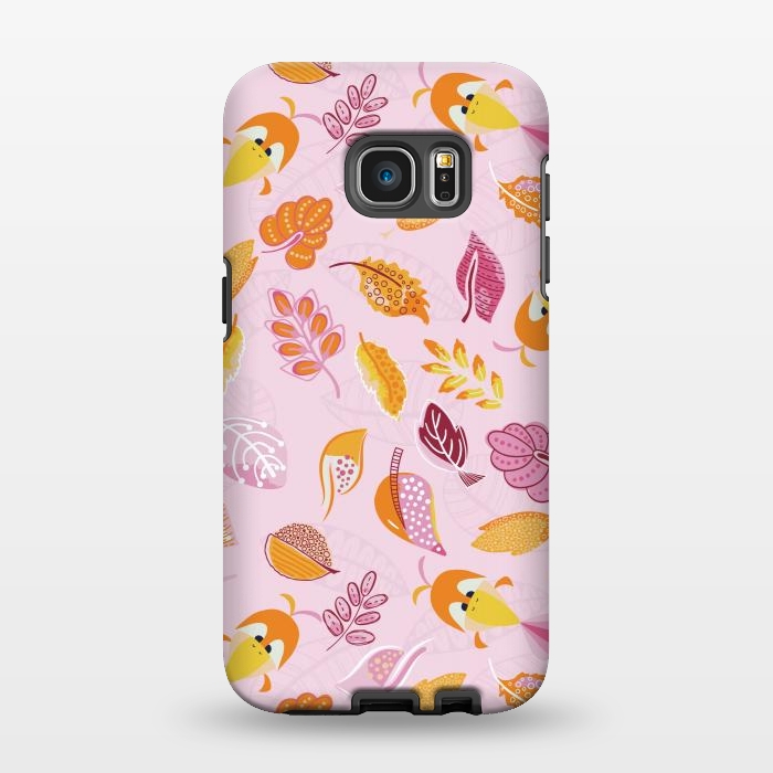 Galaxy S7 EDGE StrongFit Cute parrots in a fun tossed pattern with funky leaves in pink and orange by Paula Ohreen