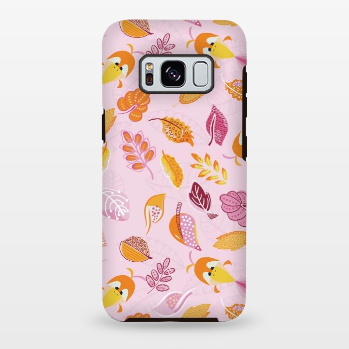 Galaxy S8 plus StrongFit Cute parrots in a fun tossed pattern with funky leaves in pink and orange by Paula Ohreen