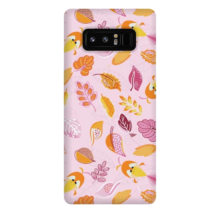 Galaxy Note 8 StrongFit Cute parrots in a fun tossed pattern with funky leaves in pink and orange by Paula Ohreen