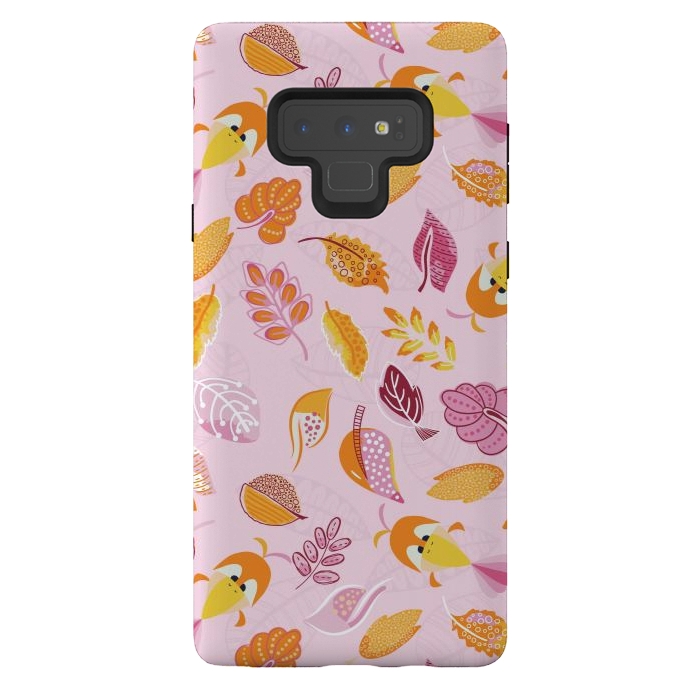 Galaxy Note 9 StrongFit Cute parrots in a fun tossed pattern with funky leaves in pink and orange by Paula Ohreen