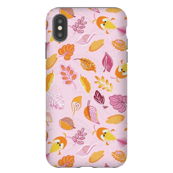 iPhone Xs Max StrongFit Cute parrots in a fun tossed pattern with funky leaves in pink and orange by Paula Ohreen