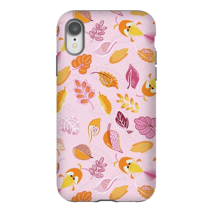 iPhone Xr StrongFit Cute parrots in a fun tossed pattern with funky leaves in pink and orange by Paula Ohreen
