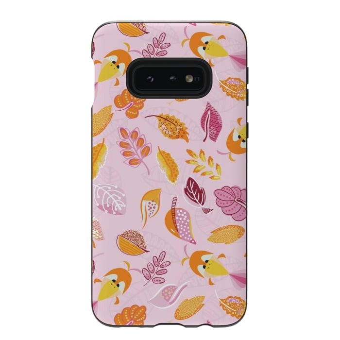 Galaxy S10e StrongFit Cute parrots in a fun tossed pattern with funky leaves in pink and orange by Paula Ohreen