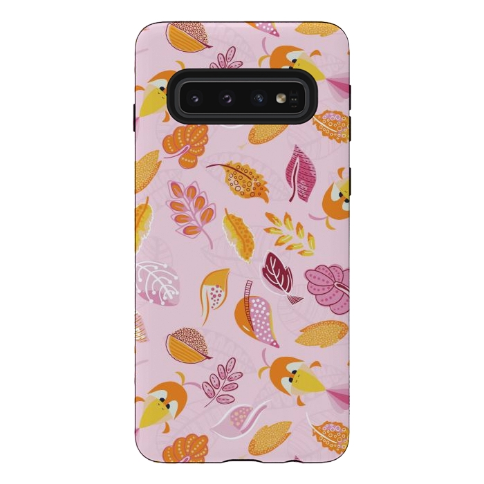 Galaxy S10 StrongFit Cute parrots in a fun tossed pattern with funky leaves in pink and orange by Paula Ohreen