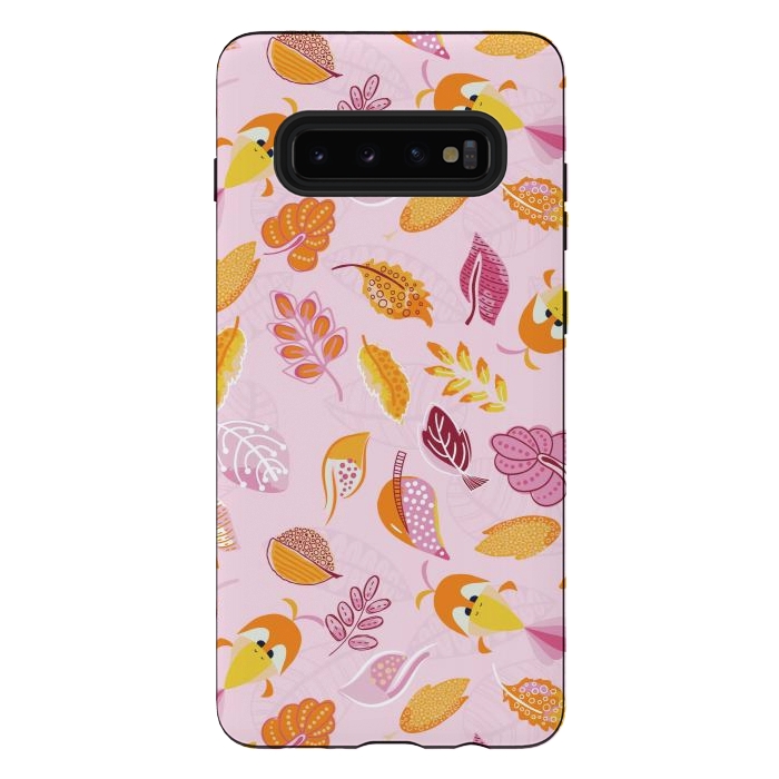 Galaxy S10 plus StrongFit Cute parrots in a fun tossed pattern with funky leaves in pink and orange by Paula Ohreen