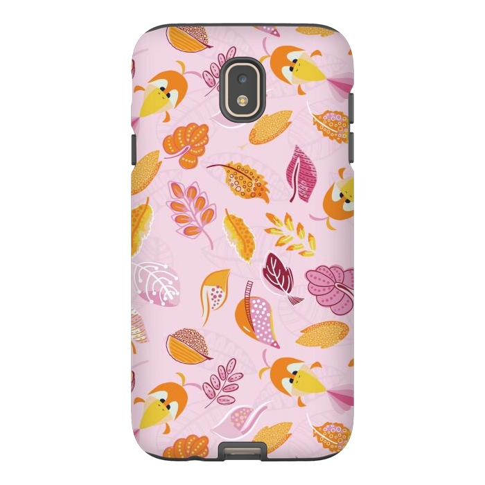 Galaxy J7 StrongFit Cute parrots in a fun tossed pattern with funky leaves in pink and orange by Paula Ohreen