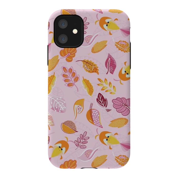 iPhone 11 StrongFit Cute parrots in a fun tossed pattern with funky leaves in pink and orange by Paula Ohreen