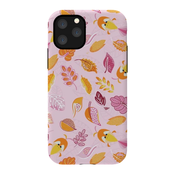iPhone 11 Pro StrongFit Cute parrots in a fun tossed pattern with funky leaves in pink and orange by Paula Ohreen
