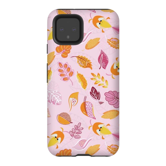Pixel 4 StrongFit Cute parrots in a fun tossed pattern with funky leaves in pink and orange by Paula Ohreen