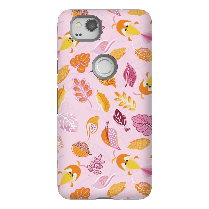 Pixel 2 StrongFit Cute parrots in a fun tossed pattern with funky leaves in pink and orange by Paula Ohreen