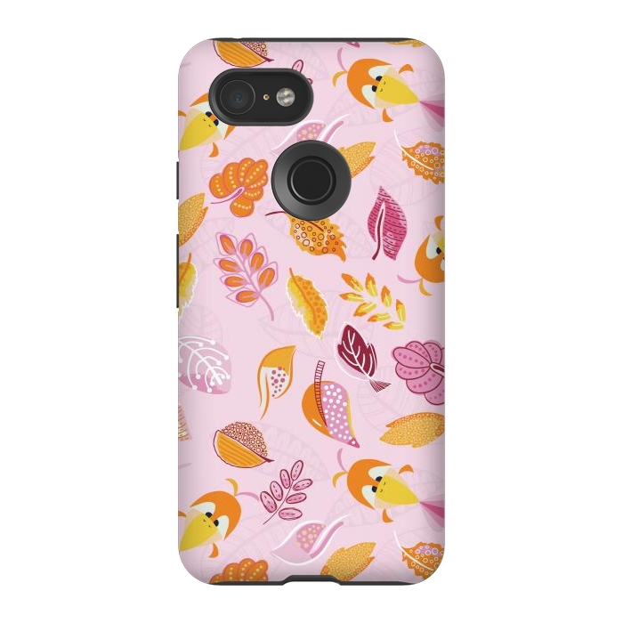 Pixel 3 StrongFit Cute parrots in a fun tossed pattern with funky leaves in pink and orange by Paula Ohreen