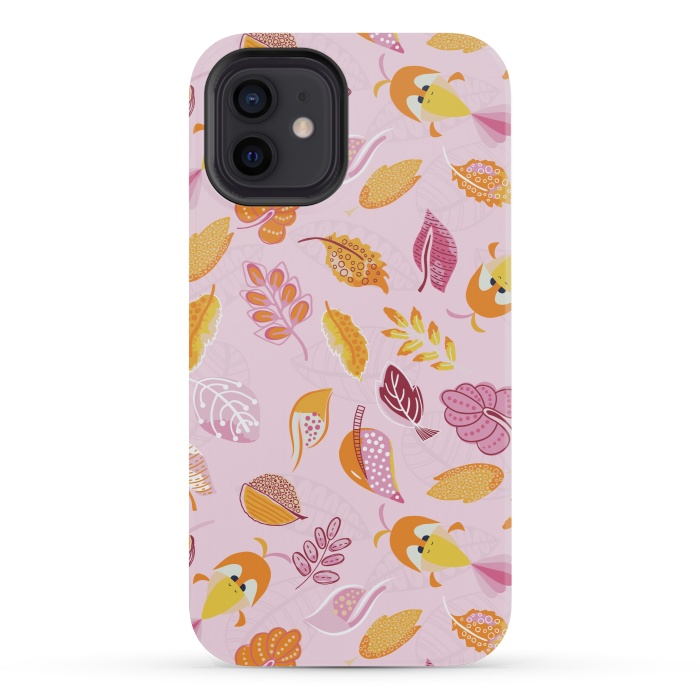 iPhone 12 mini StrongFit Cute parrots in a fun tossed pattern with funky leaves in pink and orange by Paula Ohreen