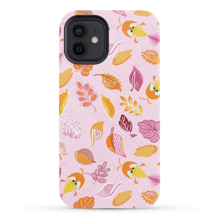 iPhone 12 StrongFit Cute parrots in a fun tossed pattern with funky leaves in pink and orange by Paula Ohreen