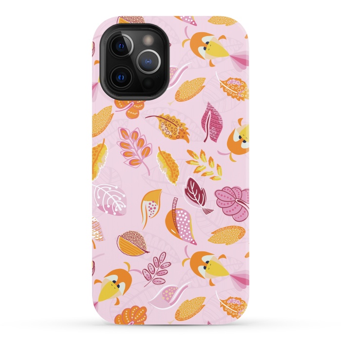 iPhone 12 Pro StrongFit Cute parrots in a fun tossed pattern with funky leaves in pink and orange by Paula Ohreen
