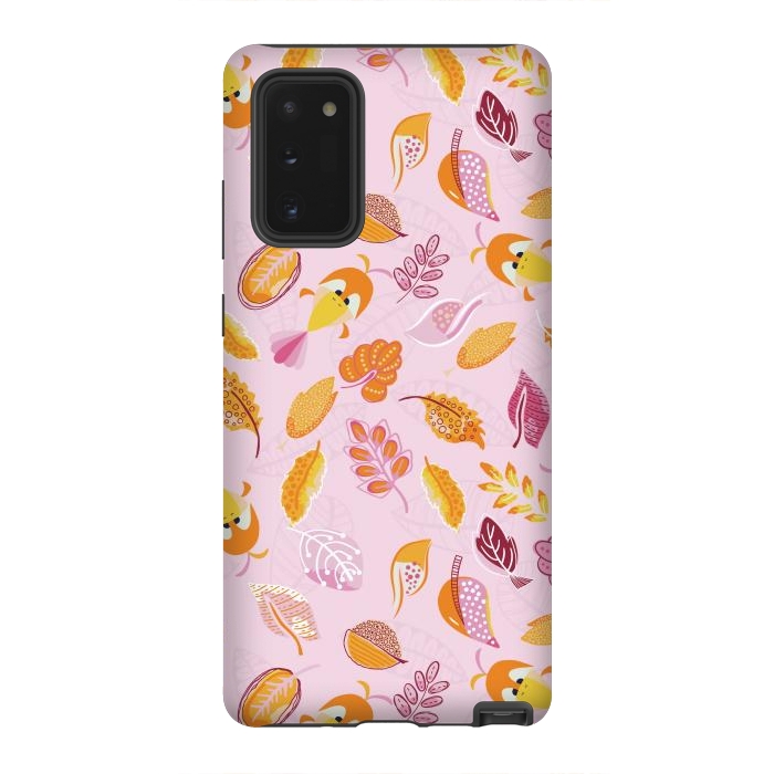 Galaxy Note 20 StrongFit Cute parrots in a fun tossed pattern with funky leaves in pink and orange by Paula Ohreen