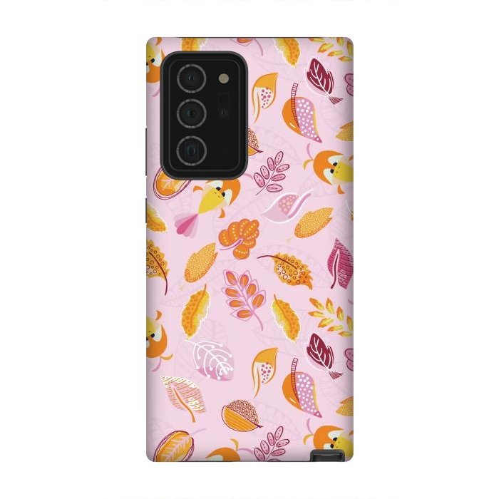 Galaxy Note 20 Ultra StrongFit Cute parrots in a fun tossed pattern with funky leaves in pink and orange by Paula Ohreen