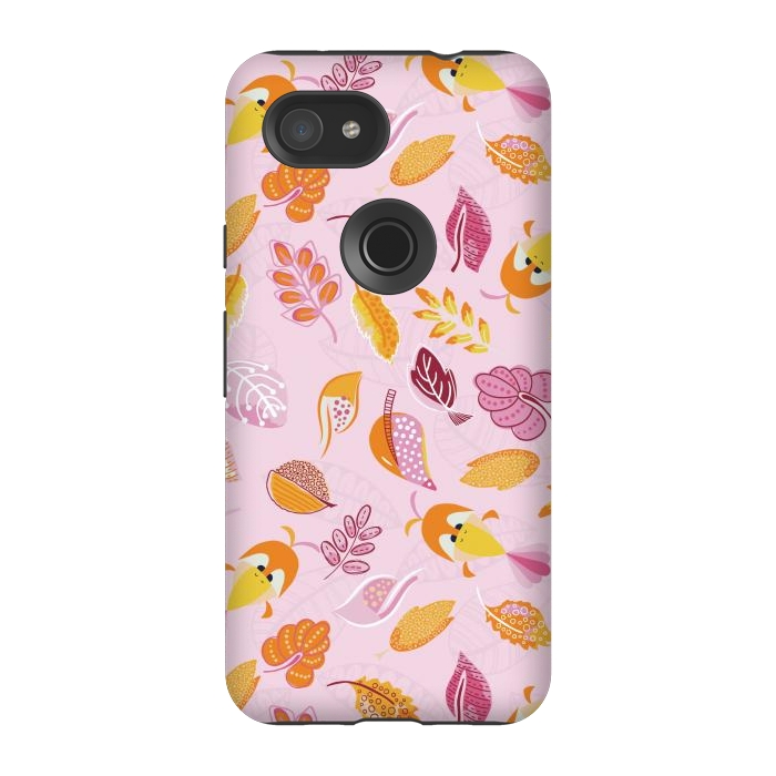 Pixel 3A StrongFit Cute parrots in a fun tossed pattern with funky leaves in pink and orange by Paula Ohreen