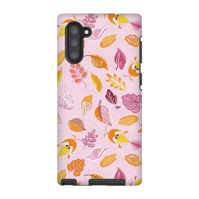 Galaxy Note 10 StrongFit Cute parrots in a fun tossed pattern with funky leaves in pink and orange by Paula Ohreen
