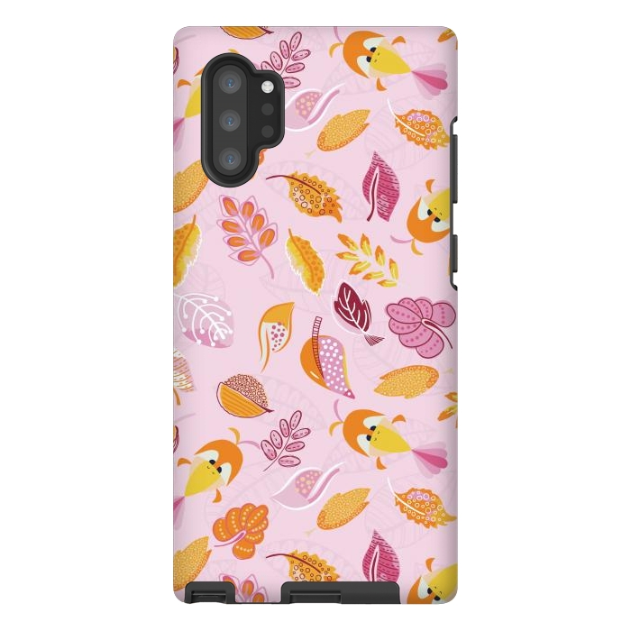 Galaxy Note 10 plus StrongFit Cute parrots in a fun tossed pattern with funky leaves in pink and orange by Paula Ohreen