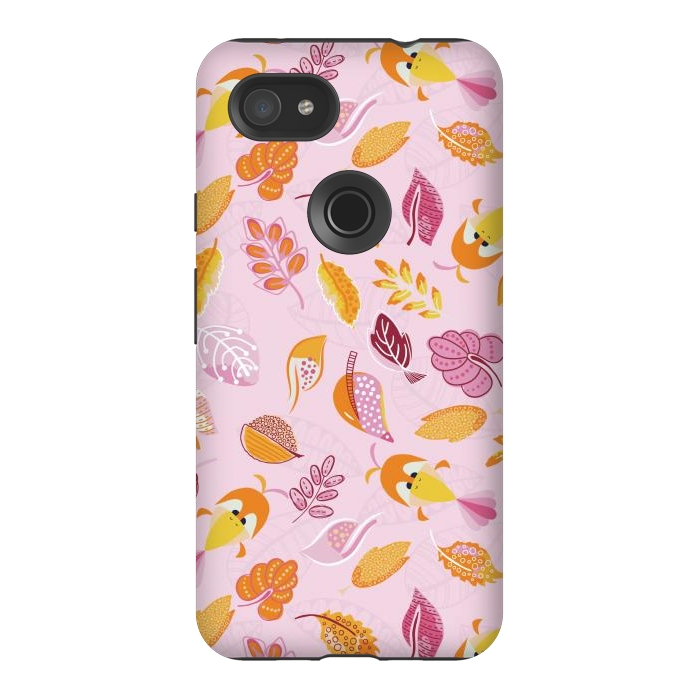 Pixel 3AXL StrongFit Cute parrots in a fun tossed pattern with funky leaves in pink and orange by Paula Ohreen