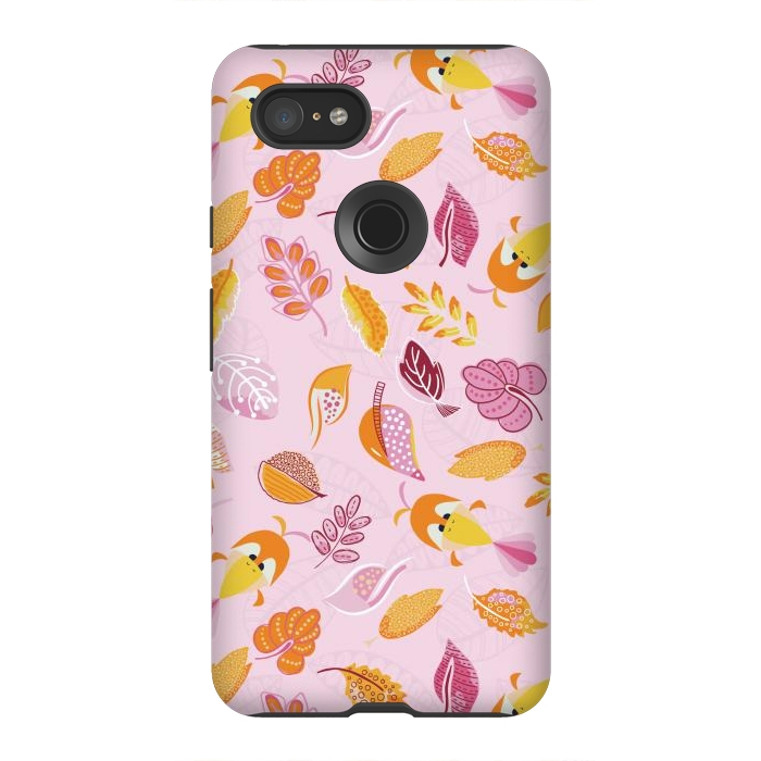 Pixel 3XL StrongFit Cute parrots in a fun tossed pattern with funky leaves in pink and orange by Paula Ohreen
