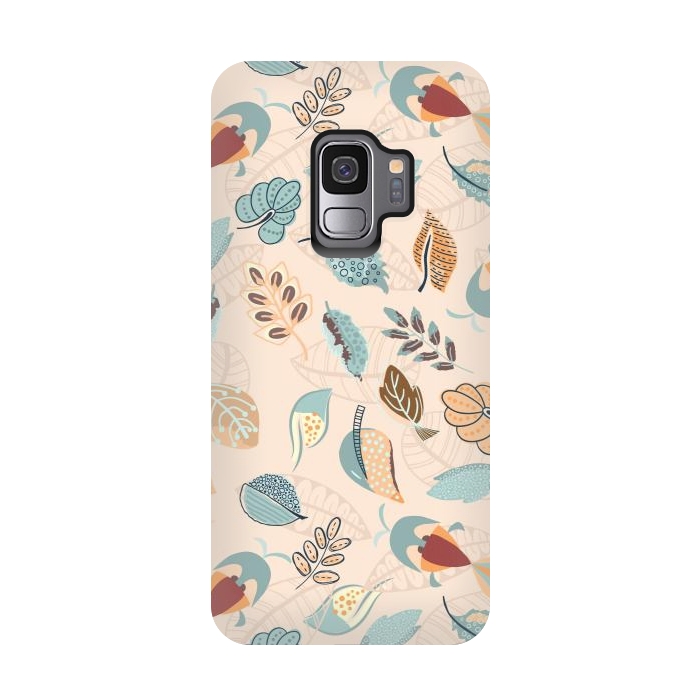 Galaxy S9 StrongFit Cute parrots in a fun tossed pattern with funky leaves in blue and red by Paula Ohreen