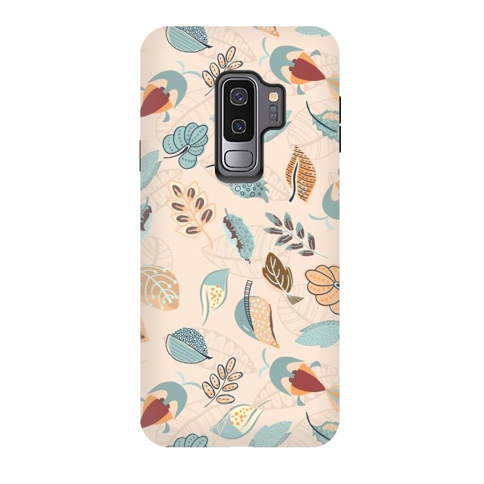Galaxy S9 plus StrongFit Cute parrots in a fun tossed pattern with funky leaves in blue and red by Paula Ohreen