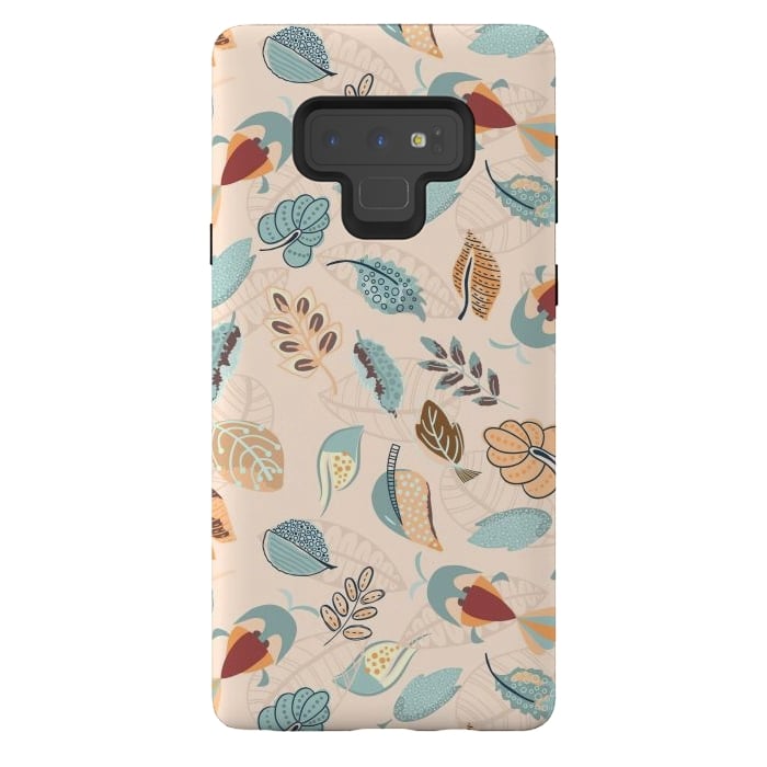 Galaxy Note 9 StrongFit Cute parrots in a fun tossed pattern with funky leaves in blue and red by Paula Ohreen