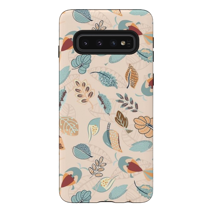 Galaxy S10 StrongFit Cute parrots in a fun tossed pattern with funky leaves in blue and red by Paula Ohreen