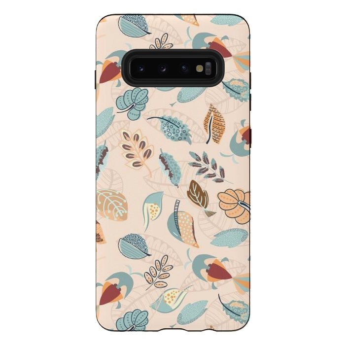 Galaxy S10 plus StrongFit Cute parrots in a fun tossed pattern with funky leaves in blue and red by Paula Ohreen