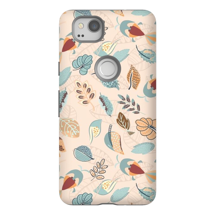 Pixel 2 StrongFit Cute parrots in a fun tossed pattern with funky leaves in blue and red by Paula Ohreen
