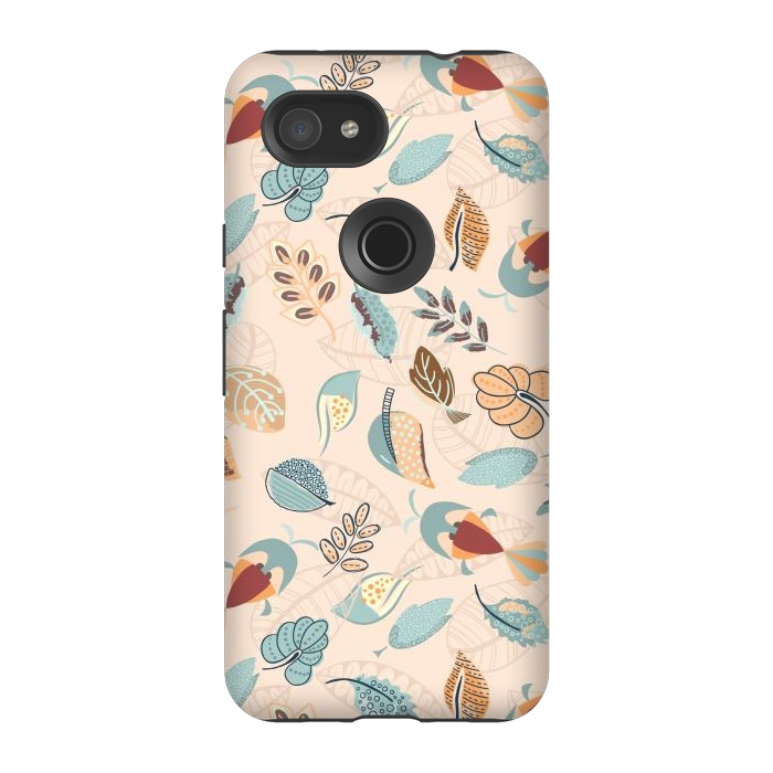 Pixel 3A StrongFit Cute parrots in a fun tossed pattern with funky leaves in blue and red by Paula Ohreen