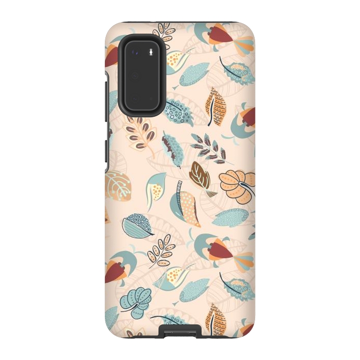 Galaxy S20 StrongFit Cute parrots in a fun tossed pattern with funky leaves in blue and red by Paula Ohreen
