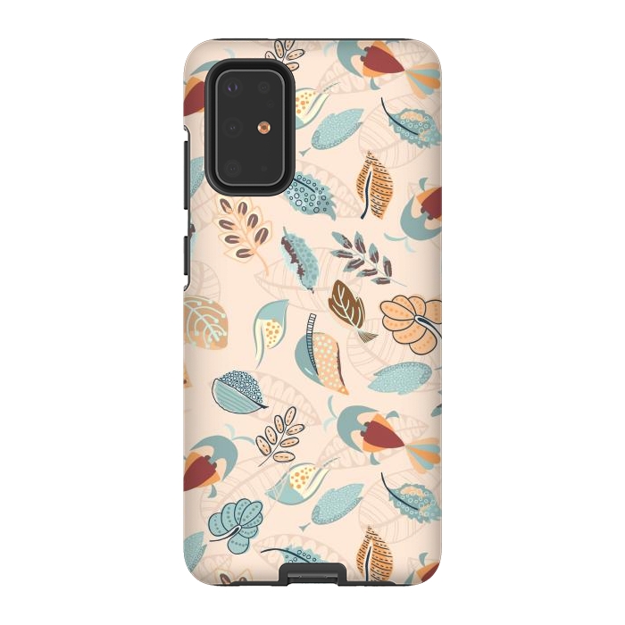 Galaxy S20 Plus StrongFit Cute parrots in a fun tossed pattern with funky leaves in blue and red by Paula Ohreen