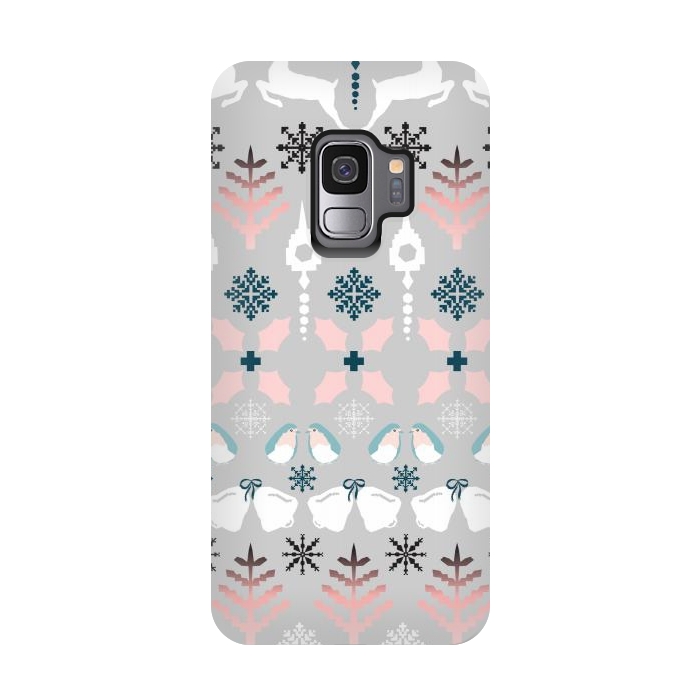 Galaxy S9 StrongFit Christmas Fair Isle in Grey, Pink and Blue by Paula Ohreen