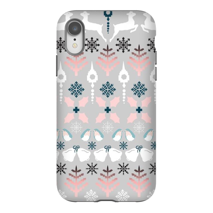 iPhone Xr StrongFit Christmas Fair Isle in Grey, Pink and Blue by Paula Ohreen