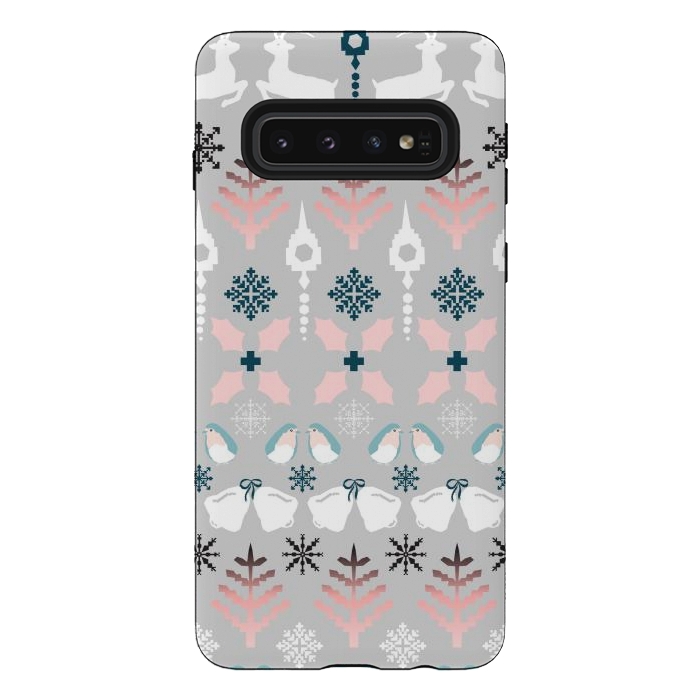 Galaxy S10 StrongFit Christmas Fair Isle in Grey, Pink and Blue by Paula Ohreen