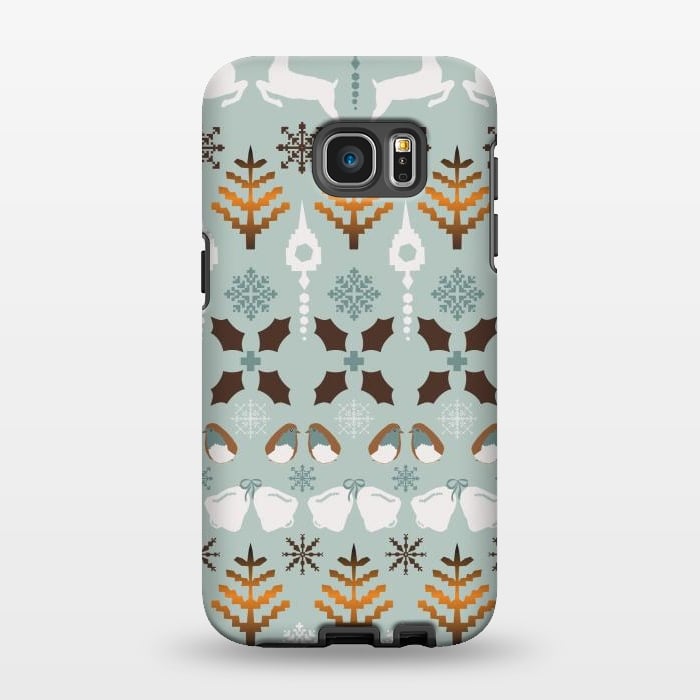 Galaxy S7 EDGE StrongFit Fair Isle Christmas in blue and brown by Paula Ohreen