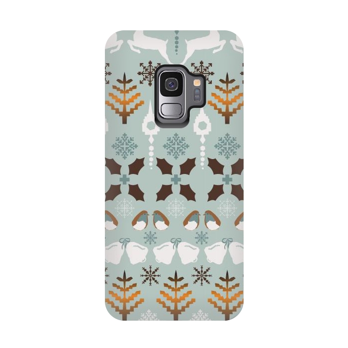 Galaxy S9 StrongFit Fair Isle Christmas in blue and brown by Paula Ohreen