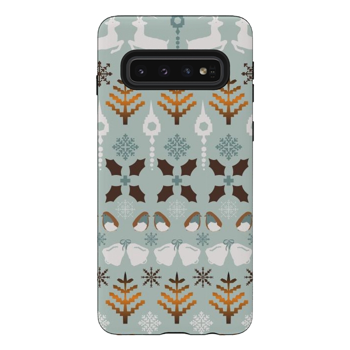 Galaxy S10 StrongFit Fair Isle Christmas in blue and brown by Paula Ohreen