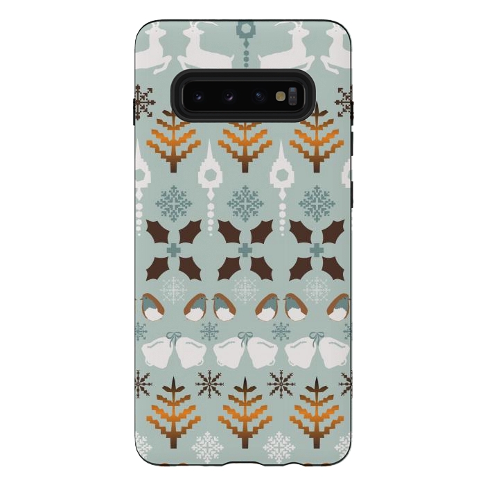 Galaxy S10 plus StrongFit Fair Isle Christmas in blue and brown by Paula Ohreen