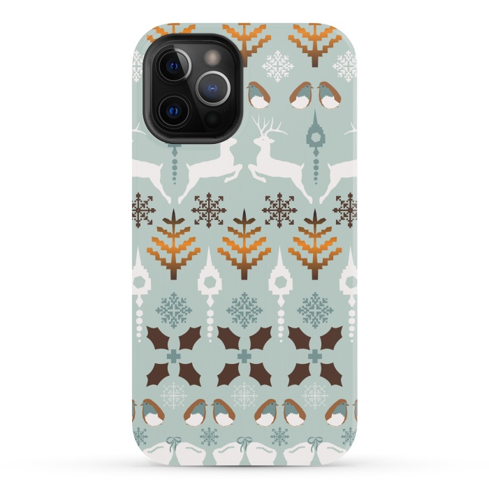 iPhone 12 Pro Max StrongFit Fair Isle Christmas in blue and brown by Paula Ohreen