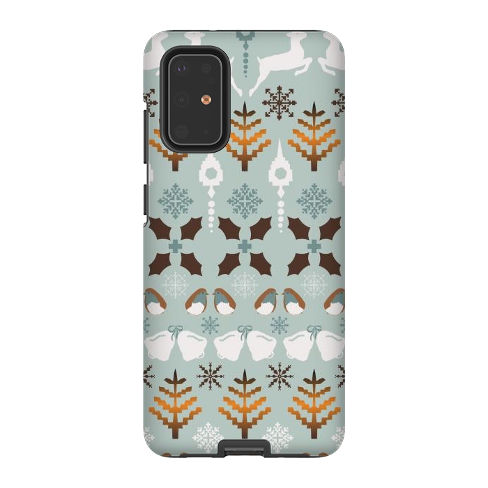 Galaxy S20 Plus StrongFit Fair Isle Christmas in blue and brown by Paula Ohreen