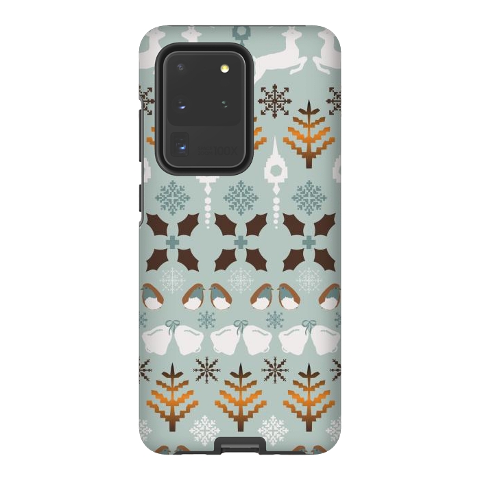 Galaxy S20 Ultra StrongFit Fair Isle Christmas in blue and brown by Paula Ohreen