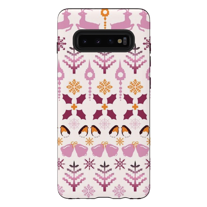 Galaxy S10 plus StrongFit Fair Isle Christmas in pink and orange by Paula Ohreen