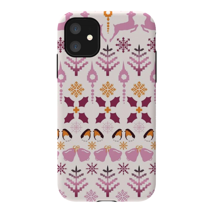 iPhone 11 StrongFit Fair Isle Christmas in pink and orange by Paula Ohreen