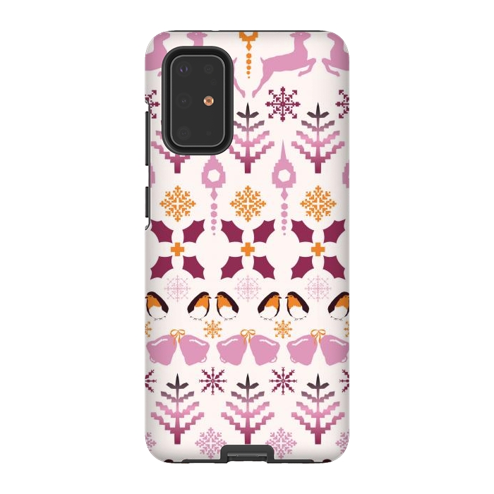 Galaxy S20 Plus StrongFit Fair Isle Christmas in pink and orange by Paula Ohreen